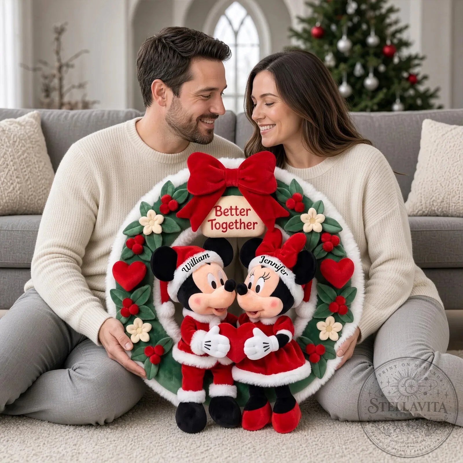 Personalized Mickey and Minnie Mouse Christmas Wreath Pillow for Couples 7 Personalized Mickey and Minnie Mouse Christmas Wreath Pillow for Couples